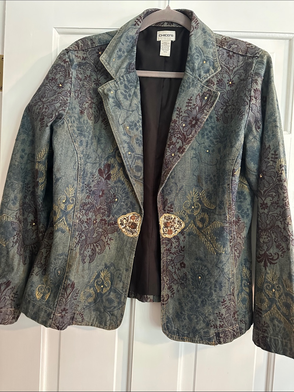 Chico's Teal Blue Floral Embroidered Blazer